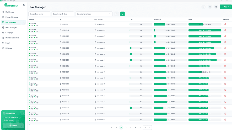 Green Box Manager Control Panel - Device automation interface